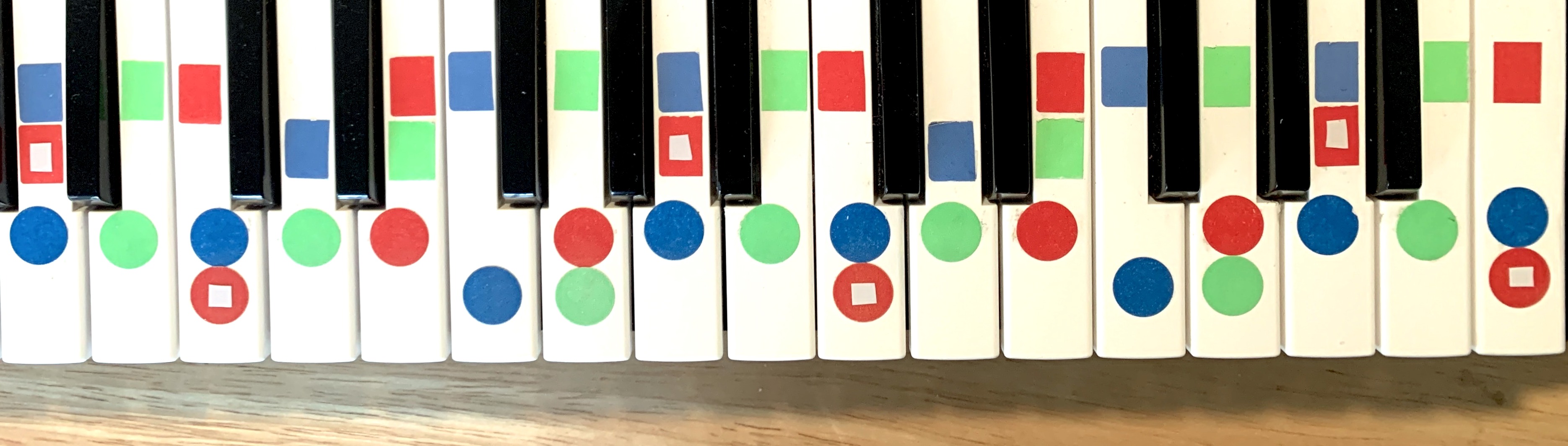 this keyboard is labeled with colors (red, blue, green) plus numbers (1 2 3 4 5 6 7) and letters (C D E F G A B) to show the logial patterns of C Major